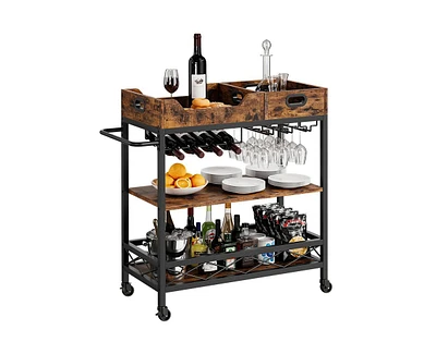 gaomon Bar Carts for The Home with 2 Portable Trays, 3 Tier Bar Cart with Wheels, Mobile Kitchen Shelf with Wine Rack and Glass Holder