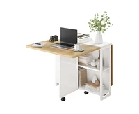 gaomon Folding Dining Table, Drop Leaf Dining Table with 6 Wheels and 2-Layer Storage Shelf, Space Saving Dining Table for Small Spaces Collapsible Ex
