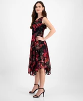 Robbe Bee Petite Floral Cowlneck Asymmetric-Hem Midi Dress