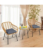 Sugift 3 Pieces Rattan Furniture Set with Cushioned Chair Table-Gray