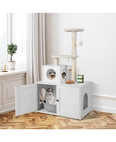 Sugift Cat Tree with Litter Box Enclosure with Cat Condo-White