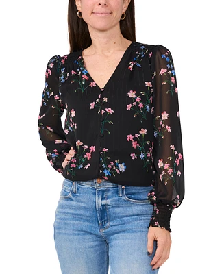 Sam & Jess Petite Floral-Print Smocked Sheer-Sleeve Top