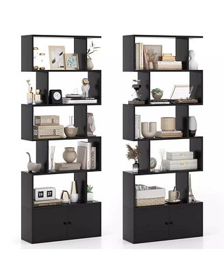 Gymax 2PCS 6-Tier Shaped Bookshelf w/ Cabinet 6-Tier Tall Bookcase w/ Doors