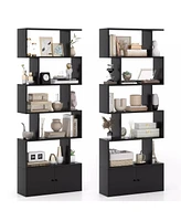 Gymax 2PCS 6-Tier Shaped Bookshelf w/ Cabinet 6-Tier Tall Bookcase w/ Doors