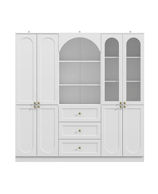 Famapy White Tall Storage Cabinet with Glass Doors & Arch Pattern, Modern Wooden Pantry with Cabinet Doors