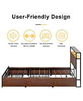 Hausource Queen Size Bed Frame with Storage Headboard & Charging Station & 4 Drawers Platform Bed