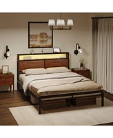 Hausource Full Size Bed Frame w/Storage Headboard Charging Station Led Light No Box Spring Needed