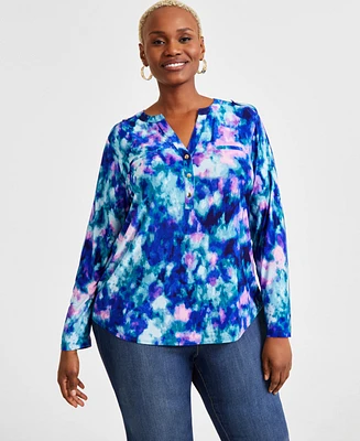 I.n.c. International Concepts Plus Printed Long-Sleeve Top, Exclusively at Macy's