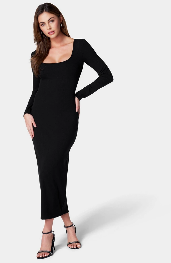 Bebe Women's Long Sleeve Square Neck Rib Maxi Dress