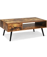 Gymax Retro Coffee Table Mid Century Modern Living Room Furniture w/Open Storage Shelf