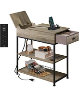 Wlive Narrow Side Table with 2 Usb Ports and 2 Outlets, Flip Top End Table with Drawer and Storage Shelves