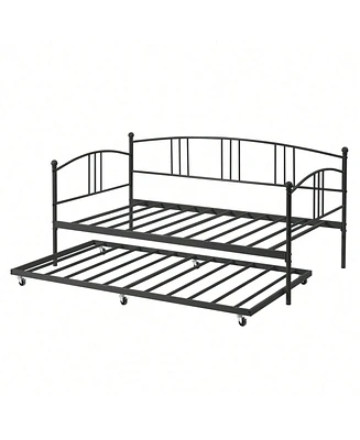 gaomon Twin Rectangular Metal Daybed With Trundle, Sofa Bed Frame 6 Casters And Steel Slat Support For Living Room, Bedroom Guest Room