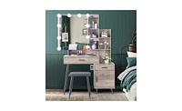 Slickblue Triamine Veneer Mirror Cabinet with Iron Legs 2 Drawers, 1 Door, and 2 Shelves for Stylish Storage