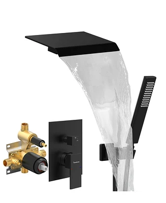 Slickblue Male Npt Tub Faucet with Hand Shower - Matte Black Waterfall Bathtub Shower System with Brass Valve