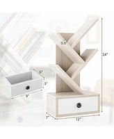 Gymax 5-Tier Tree Bookshelf w/ Wooden Drawer Display Storage Organizer Rack Beige