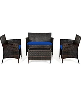 Sugift 4 Pieces Rattan Sofa Set with Glass Table and Comfortable Wicker for Outdoor Patio-Navy