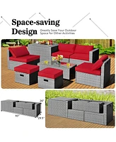 Sugift 8 Pieces Patio Rattan Furniture Set with Storage Waterproof Cover and Cushion-Red
