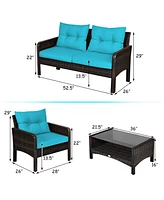 Sugift 4 Pieces Outdoor Rattan Wicker Loveseat Furniture Set with Cushions-Turquoise