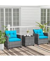 Sugift 3 Pieces Outdoor Wicker Conversation Set with Tempered Glass Tabletop-Turquoise