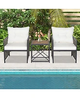 Sugift 3 Pieces Patio Rattan Furniture Set with Acacia Wood Tabletop-White
