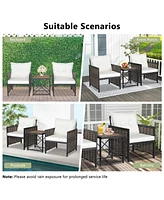 Sugift 3 Pieces Patio Rattan Furniture Set with Acacia Wood Tabletop-White