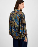 T Tahari Women's Printed Satin Button Pleated-Sleeve Blouse