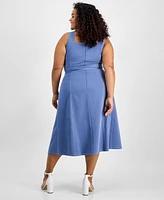 Tahari Plus Denim Belted Square-Neck Midi Dress