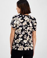 Ak Anne Klein Petite Gathered-Tulip Short-Sleeve Printed Top