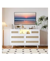 gaomon Natural Rattan Dresser For Bedroom With Led Light And Charging Station, 6 Drawer Double Dressers, Modern Wooden Dresser Chest, Beside Table For