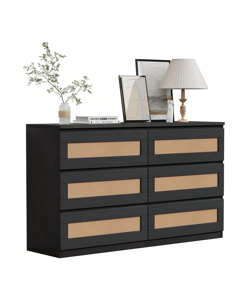 gaomon Rattan Dresser For Bedroom, 6 Drawer Dresser For Bedroom, Modern Wide Chest Of Drawers With Anti-Tip Kit