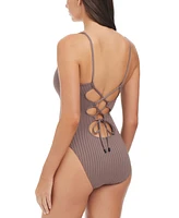 Sanctuary Women's Refresh Rib Plunging Lace Back Mio One-Piece Swimsuit