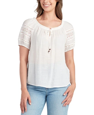 Bcx Juniors' Scoop-Neck Lace-Trim Puffed-Sleeve Top