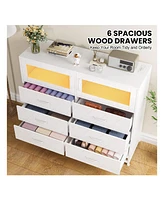 gaomon Dresser For Bedroom With Led Lights And Charging Station, 6 Drawer Double Dresser With 2 Shelves, Wide Modern Wooden Chest Of Drawers For Bedro