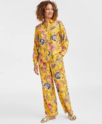 Jm Collection Womens Linen Blend Printed Shirt Pants Exclusively At Macys