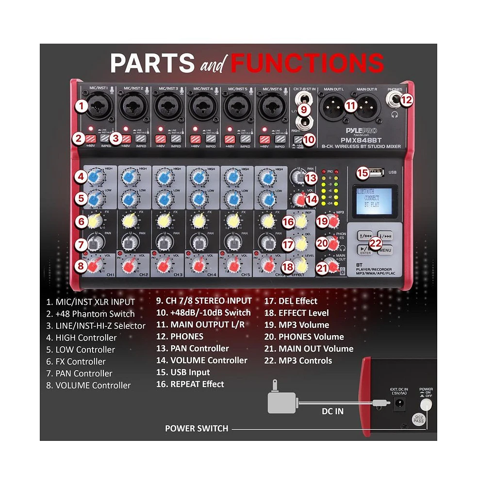 Pyle 8-Channel Bluetooth Studio Dj Mixer with Usb & Phantom Power - PMX848BT