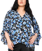 Vince Camuto Plus Floral-Print V-Neck Flutter-Sleeve Top