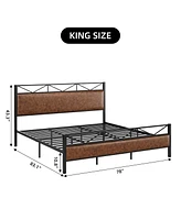 Gaomon King Bed Frame, Metal Platform Bed Frame with Rustic Leather Headboard and Footboard, Sturdy Steel Slat Support