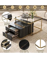 Slickblue Modern 2-Piece Square Nesting Coffee Table Set with Drawers and Electroplated Gold Legs - 27.6”