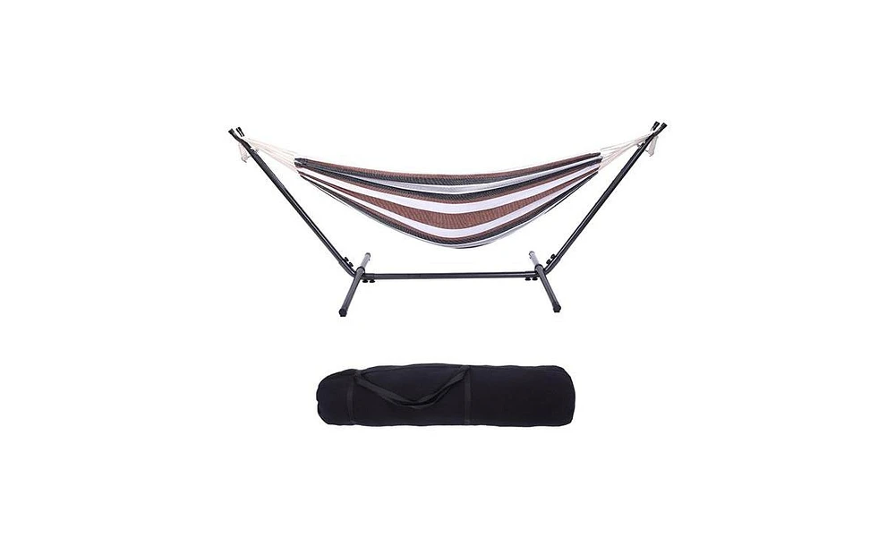 Slickblue Professional Black & Silver Hammock Stand with Coffee Stripe Polyester Hammock, Stylish Outdoor Setup