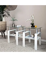 Slickblue Set of 2 Modern Square Tempered Glass Coffee Tables – Transparent and White End Tables for Living Room