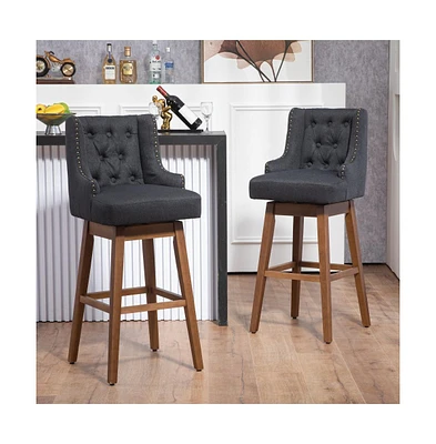 The Pop Home Set of 2 Modern 360° Swivel Bar Stools,Solid Wood & Linen Chairs for Kitchen Island-The