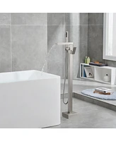 Flynama Single-Handle Free Standing Waterfall Tub Filler Bathroom Tub Faucet with Handheld Shower in Brushed Nickel