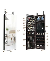 Sugift Wall and Door Mounted Mirrored Jewelry Cabinet with Lights-Brown