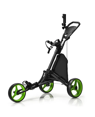 Hongge Folding 3 Wheels Golf Push Cart with Bag Scoreboard Adjustable Handle-Green