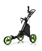 Hongge Folding 3 Wheels Golf Push Cart with Bag Scoreboard Adjustable Handle-Green