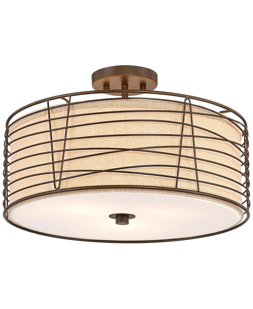 Franklin Iron Works Marlowe 18" Modern Industrial Semi Flush-Mount Ceiling Light Fixture Kitchen Foyer Hallway Drum Round Cage Brown Bronze Finish Met