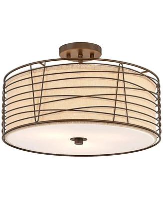 Franklin Iron Works Marlowe 18" Modern Industrial Semi Flush-Mount Ceiling Light Fixture Kitchen Foyer Hallway Drum Round Cage Brown Bronze Finish Met