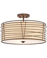 Franklin Iron Works Marlowe 18" Modern Industrial Semi Flush-Mount Ceiling Light Fixture Kitchen Foyer Hallway Drum Round Cage Brown Bronze Finish Met