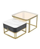 Slickblue Set of 2 Nesting Coffee Tables with Drawer, Brown Glass Top & High Gloss Marble for Living Room