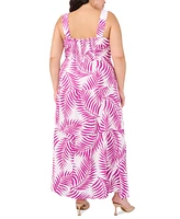 Vince Camuto Plus Tropical-Print Smocked Back Tiered Sleeveless Maxi Dress